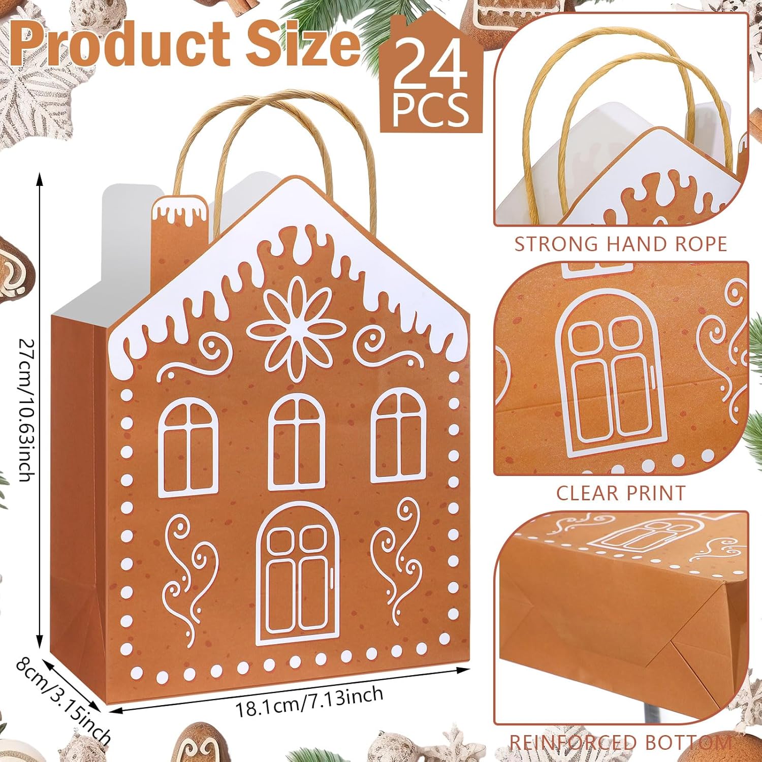 Kolldenn 24 Pcs Kraft Christmas Gingerbread Paper Gift Bags with Handles Reusable Gingerbread House Shaped Goodies Treat Candy Bags Bulk 10.6 x 3.1 x 7.1 Inch for Wrapping Holiday Xmas Party Favors - Image 2