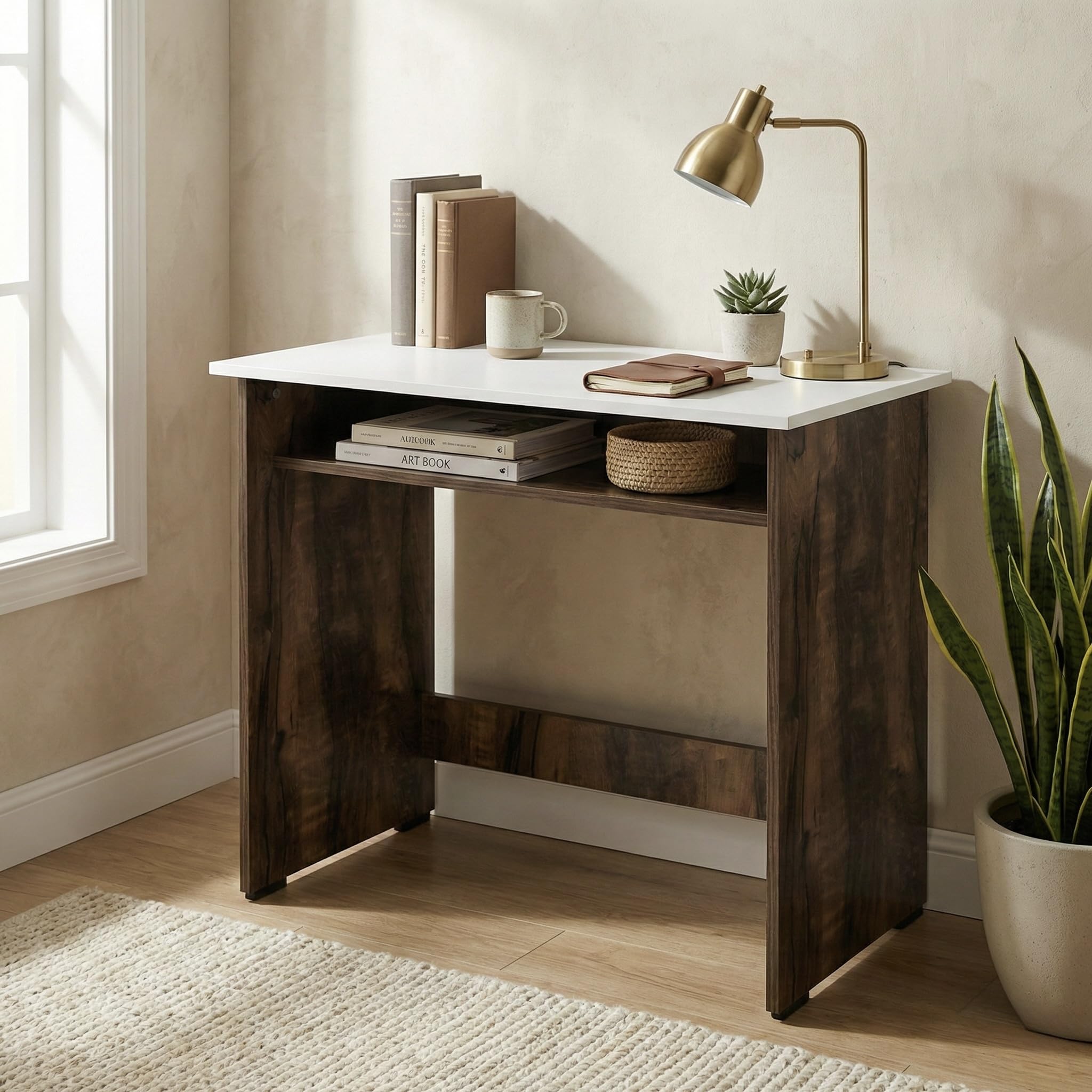 Core Compact Study Table with Under-Desk Storage Shelf, Modern Dual-Tone Computer Desk for Home Office & Students, 80x45x76.5cm (Dark Walnut & White)-image-17