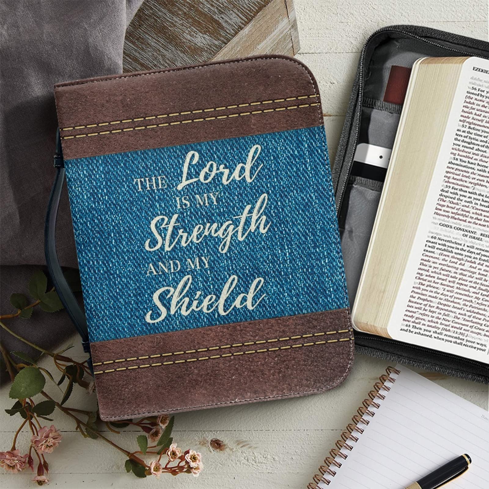 Custodia Bibbia in pelle grande con cerniera personalizzata borsa biblica donna Blu L