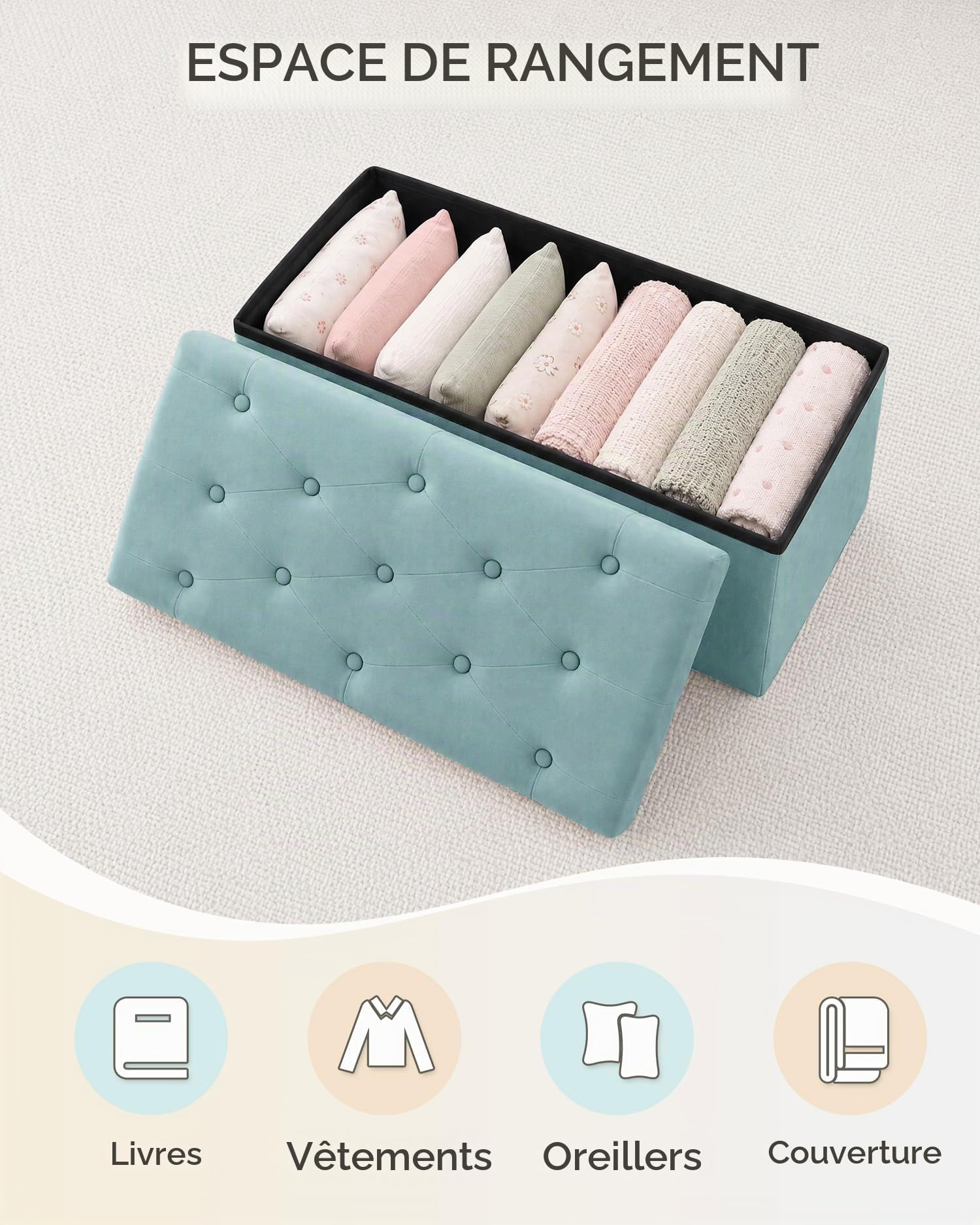 Bonlife Pliable Banc de Rangement Poufs et Repose Pieds Grand Coffre a Jouet Banc avec Espace de Rangement Flanelle Verte 80X40X40cm