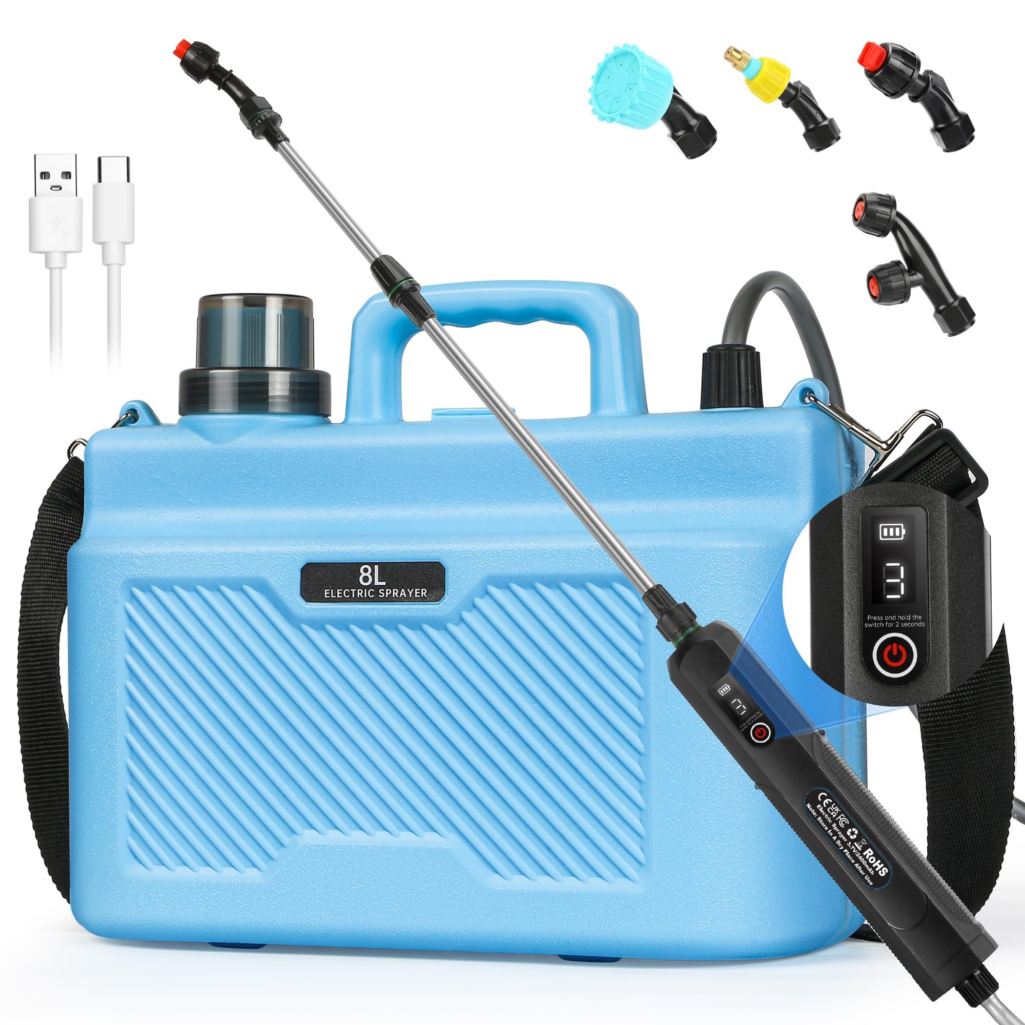Pompa Irroratrice a Batteria 8L, 5V/2400mAh Pompa a Spalla a Batteria, Spruzzino Nebulizzatore Piante con 3 Livelli di Pressione Dell'acqua Regolabili & 4 Ugelli per Irrigazione e Diserbo