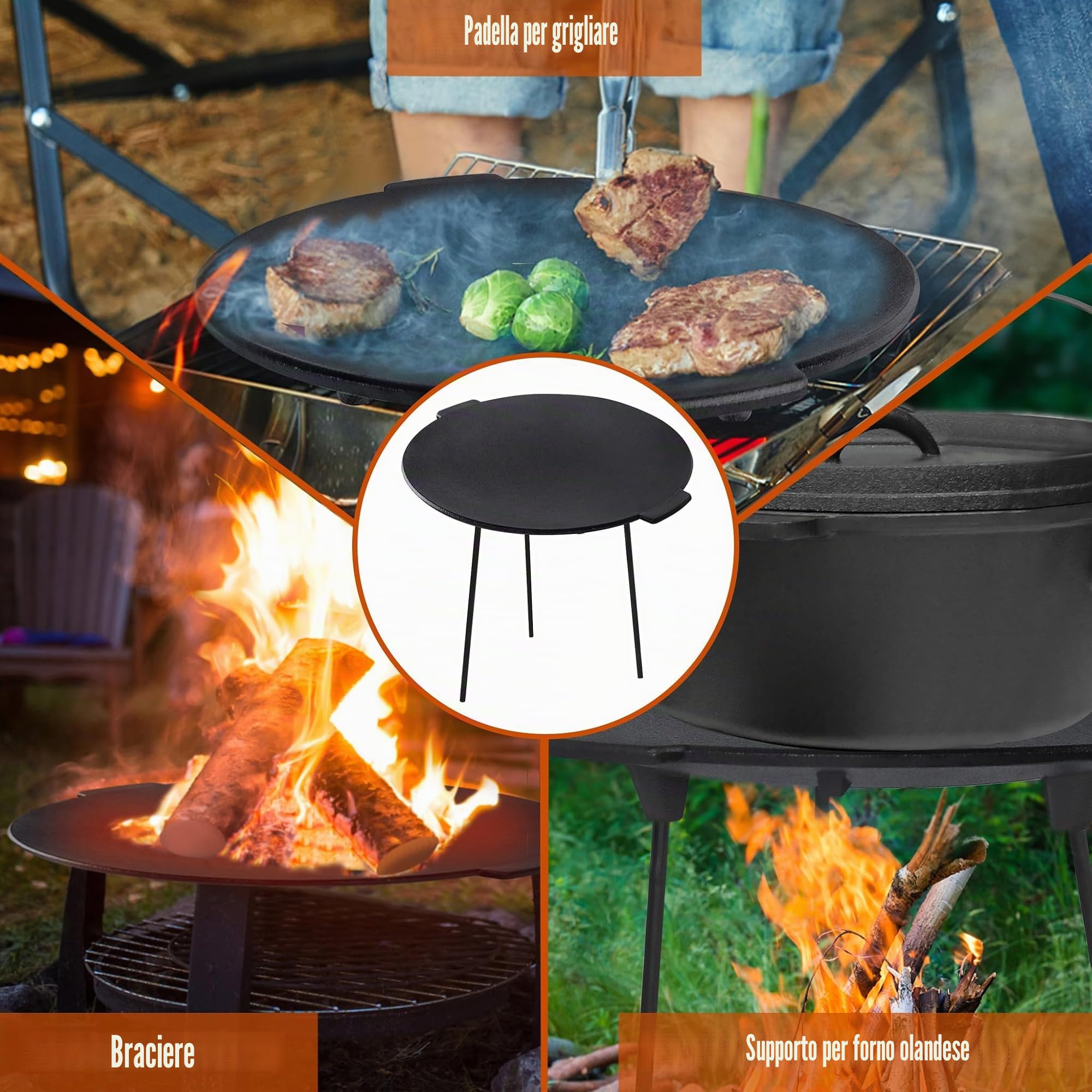 UISEBRT Bistecchiera in ghisa Ø 45 cm, piastra rotonda con 3 gambe, bruciata per una perfetta frittura, supporto olandese con custodia protettiva