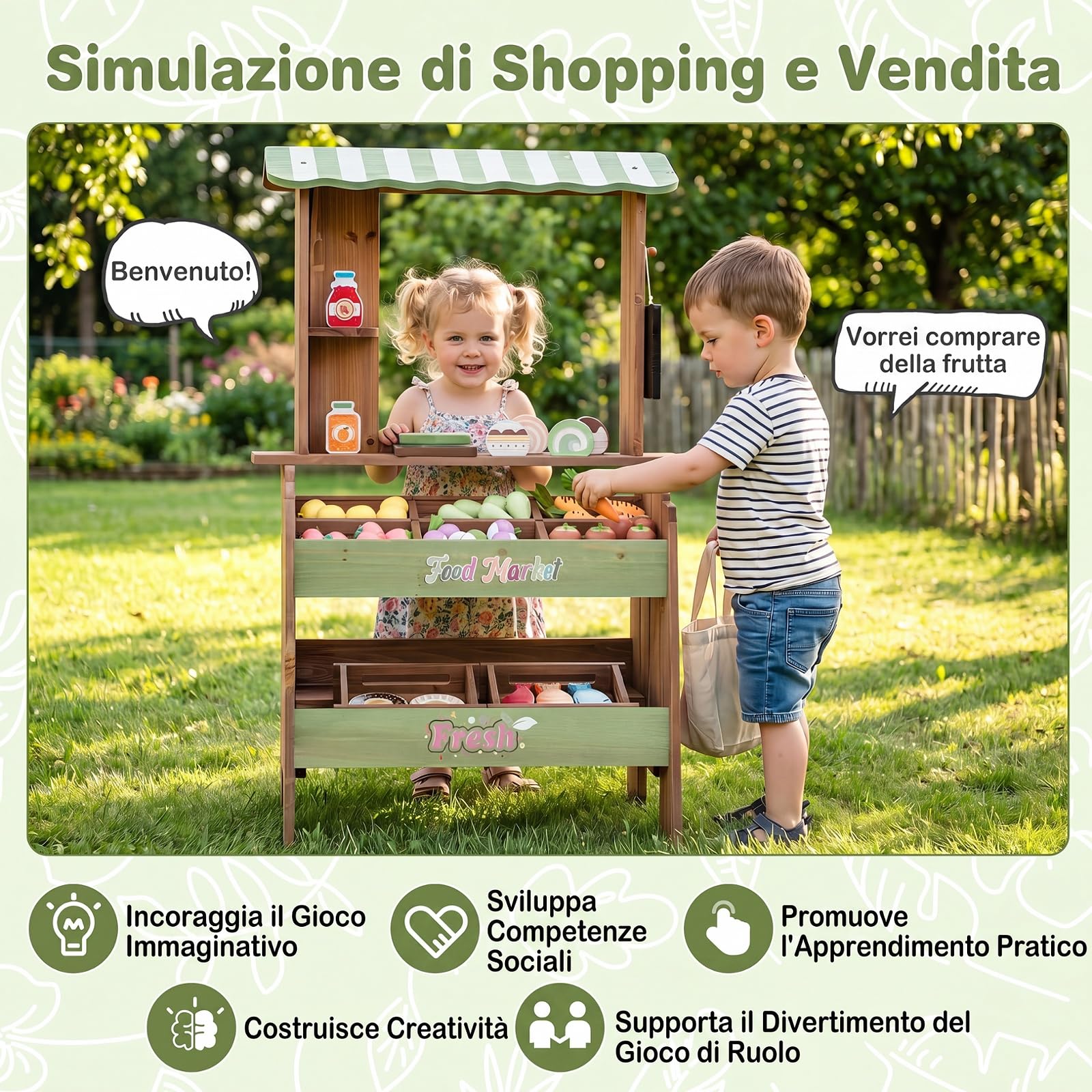 COSTWAY Bancarella in Legno per Bambini, Banco Mercato Giocattolo | con 6 Vani e 2 Cestini Estraibili, con Tetto, Lavagna, Bilancia e Accessori, per Bambini 3+ Anni, 50 x 33 x 91 cm