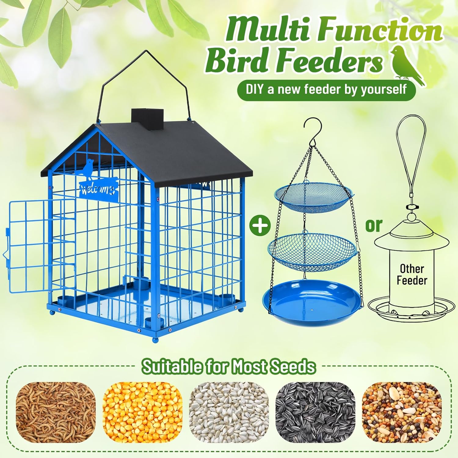 Bird Feeders for Outdoors, Metal Bluebirds Bird Feeder, Huge Caged Squirrel-Proof Bird Feeders with 4 Cups, DIY Wild Bird Feeders Outdoor Hanging, Attract Small Birds, 3 Layer Seed Tray (Blue)