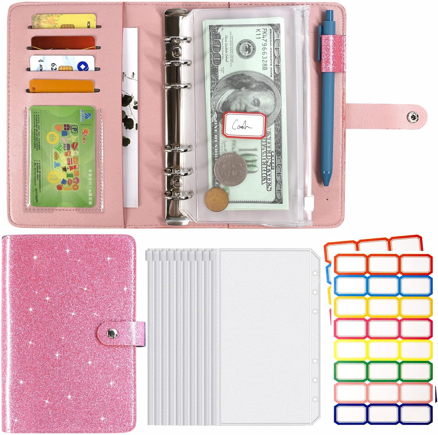 DMluna A6 Budget Binder, PU Leather Money Organizer for Cash Bills Coupon, Planner Book Notebook Cover with 12 Zipper Envelopes for Budgeting Expense Saving, with 48 Label Stickers, Glitter Pink