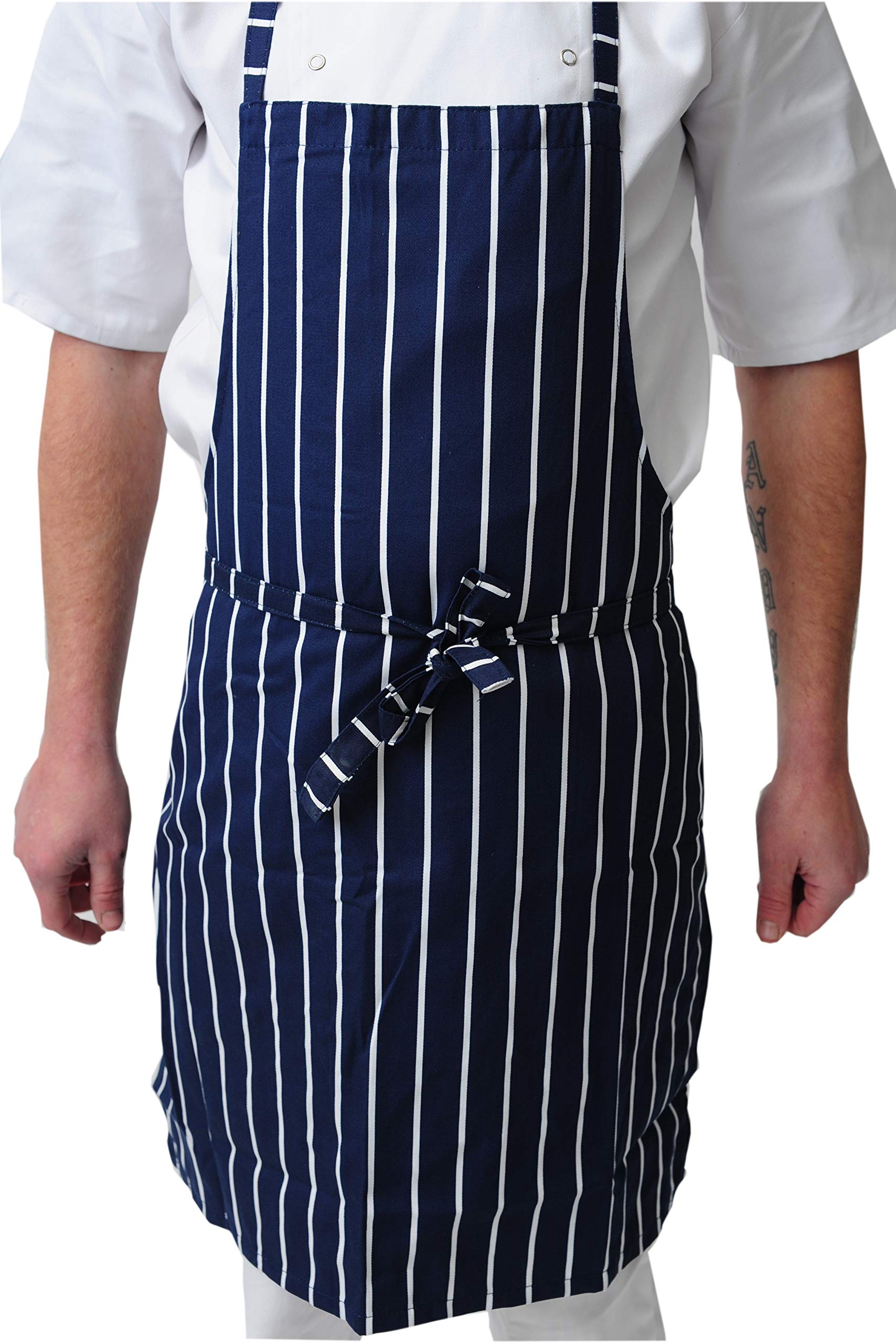 Black Pepper Polycotton Stripe Butcher Bib Apron with Pocket, Professional Home Kitchen Apron, Navy/White