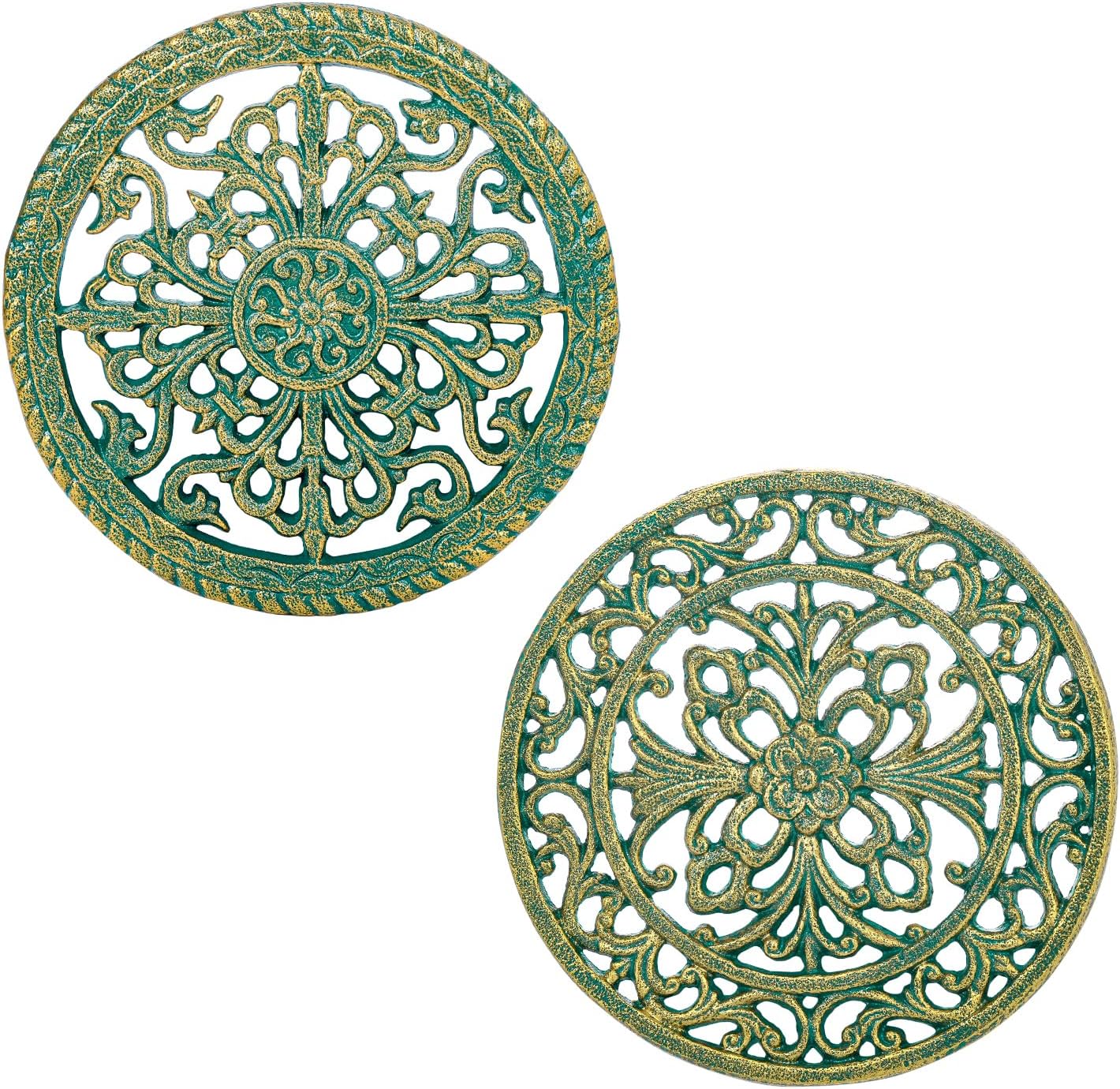 Sungmor 2 Pack Cast Iron Trivets for Hot Dishes - Round Decorative Metal Pot Plate Holder, Heat Resistant Table & Counter Protector for Kitchen and Dining - Vintage Scroll Pattern, Teal Finish