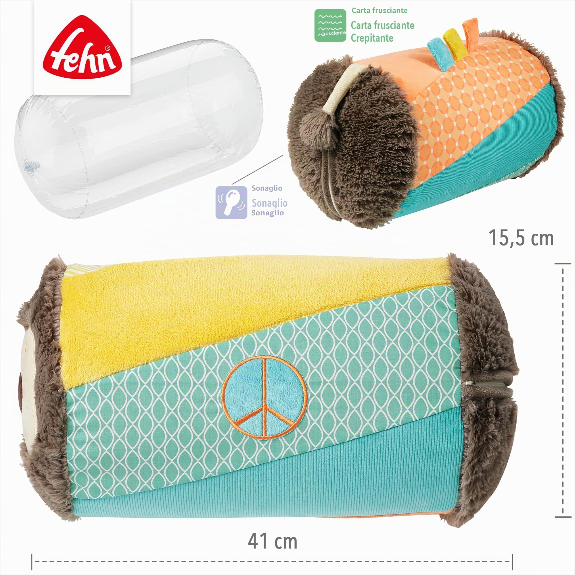 Fehn 066326 Leone, rullo per gattonare, supporto per gattonare accompagnati dal simpatico leone, per neonati e bambini dai 6 mesi in su, dimensioni: 22 x 34 cm