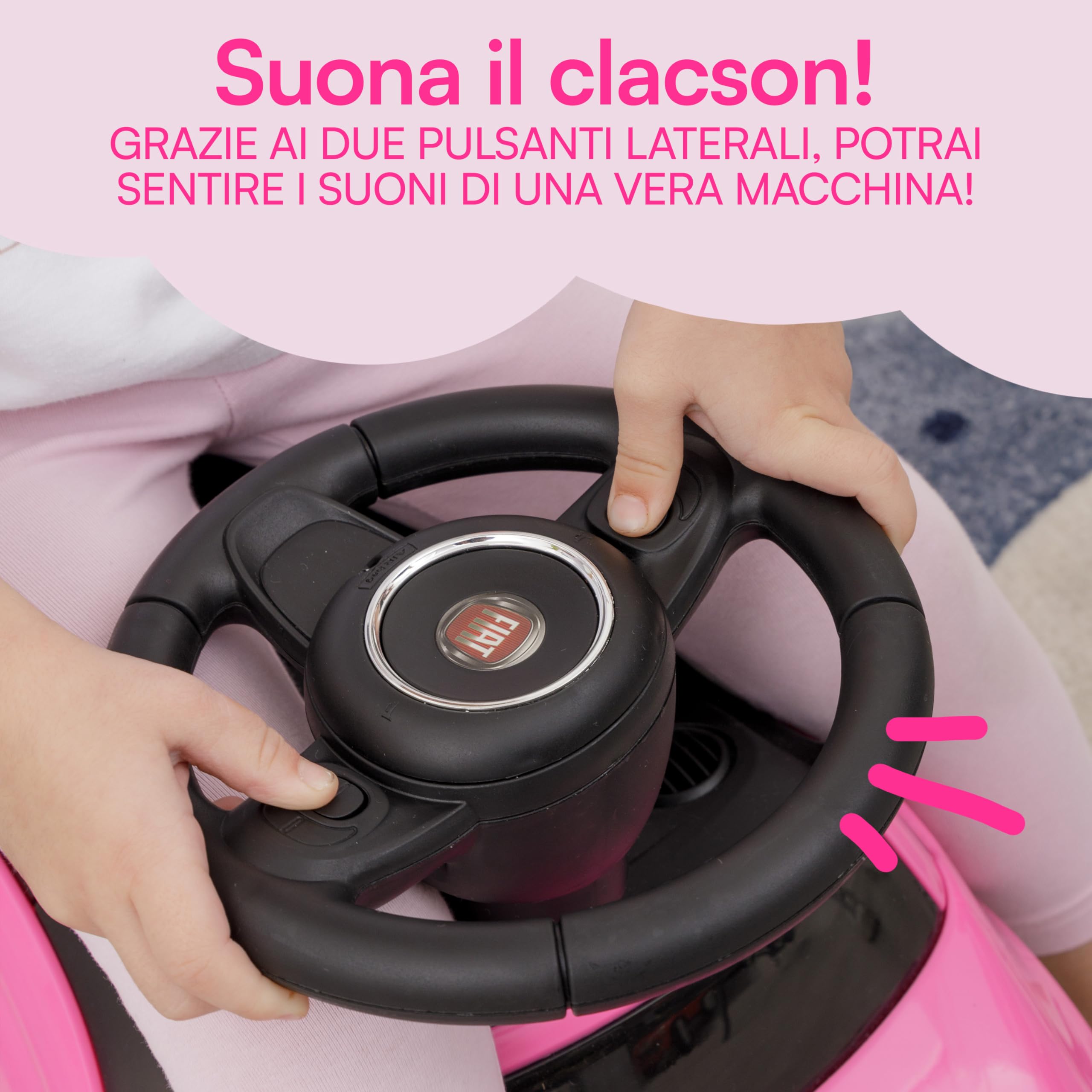 Baroni Toys Macchinina Cavalca Bambini 12-36 Mesi, Fiat 500, Rosa, 28x60x23 cm