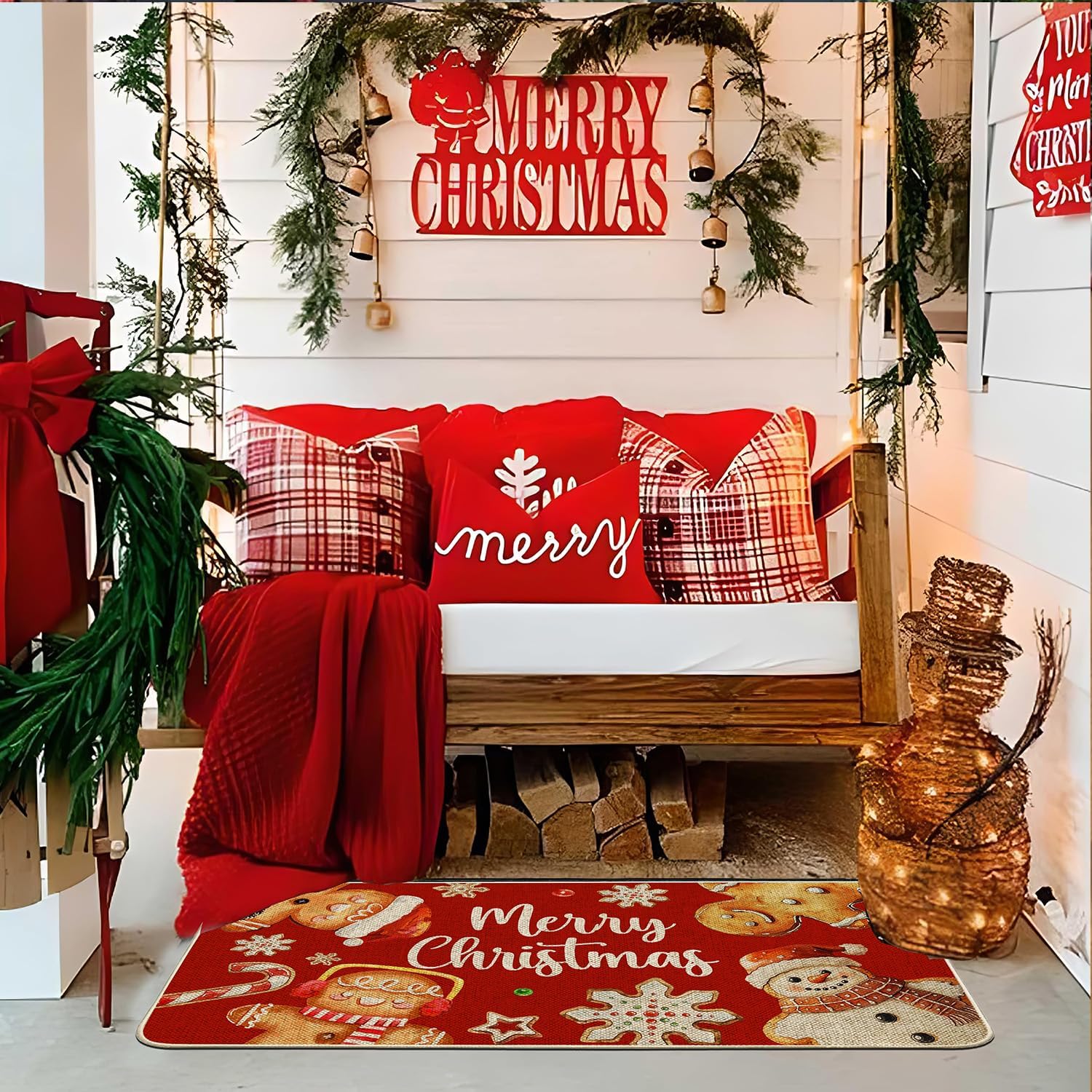 Baccessor Christmas Gingerbread Kitchen Rugs Set of 2,Red Gingerbread House Xmas Winter Snowman Kitchen Mats Washable Non Slip for Floor Hallway Laundry Sink Holiday Home Decor 17x29 and 17x47 Inch