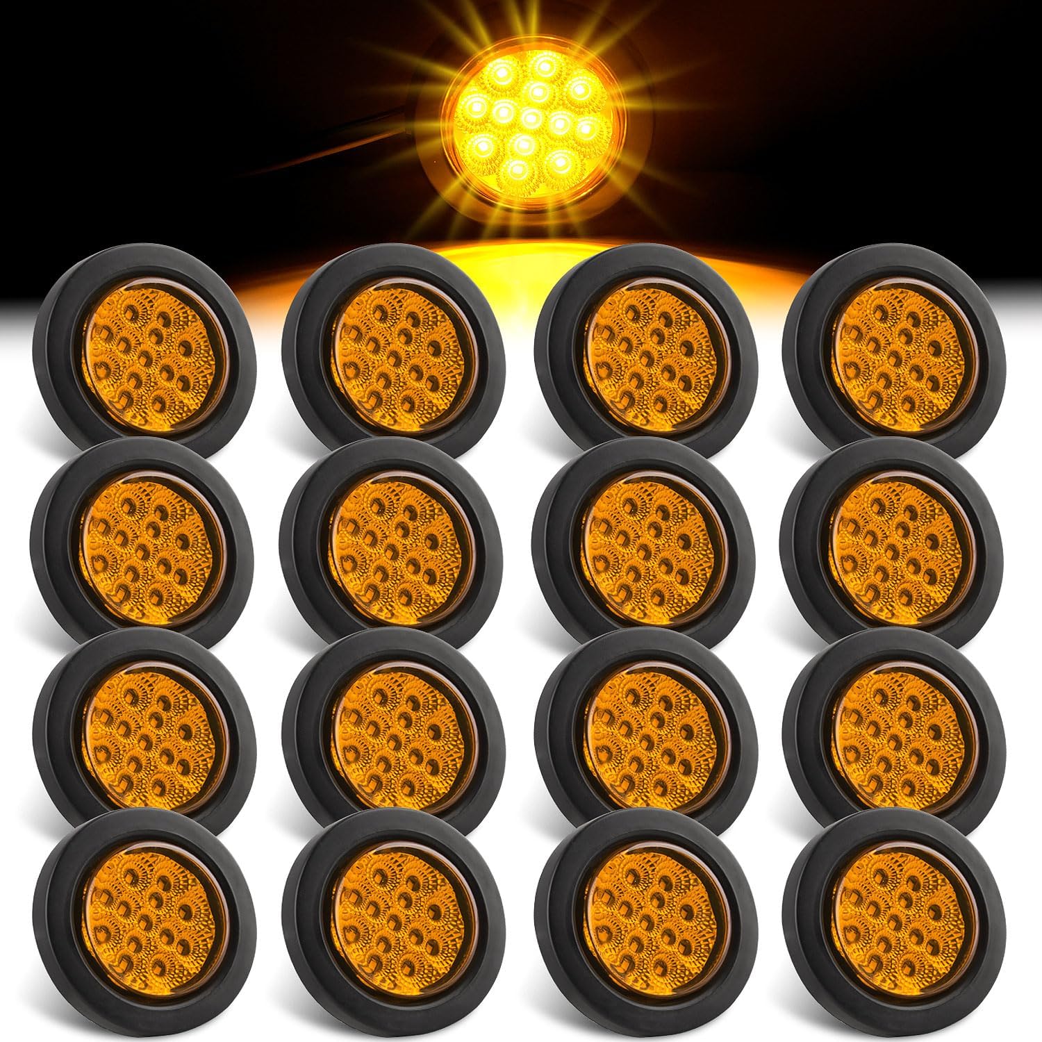 Konrali 16Pcs 2.5" Round LED Marker Lights Amber 13 LEDs w/Reflectors, 2 1/2" Round LED Trailer Marker Lights Truck RV Side Clearance Sealed Flush Grommets Mount w/2 Prong Wire Pigtails