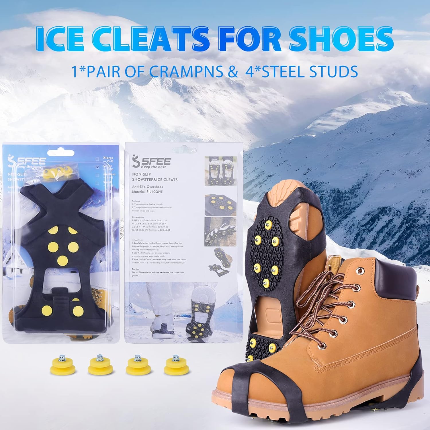Sfee Ice Cleats for Boots Shoes, Snow Grips Cleats for Ice and Snow Anti-Slip Rubber Traction Cleats for Walking on Snow and Ice 10 Steel Studs Crampons for Hiking, Walking, Climbing, Jogging L(Women(10-13)/Men(8-11) 1 Pair