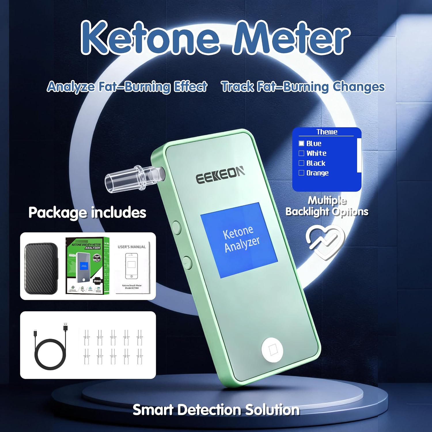 Ketone Meter, Professional Ketosis Breath Analyzer, Accurate Breath Keto Monitor with Type-C Charging and Data Tracking for Ketogenic Lifestyle and Health Management, Includes 10 Mouthpieces (Green)