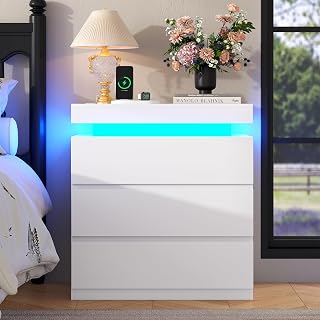Auromie Nightstand with Charging Station, LED Lights, 3 Storage Drawers | Modern Night Stand, Bedside Table for Bedroom, End Side Table for Living Room (White)