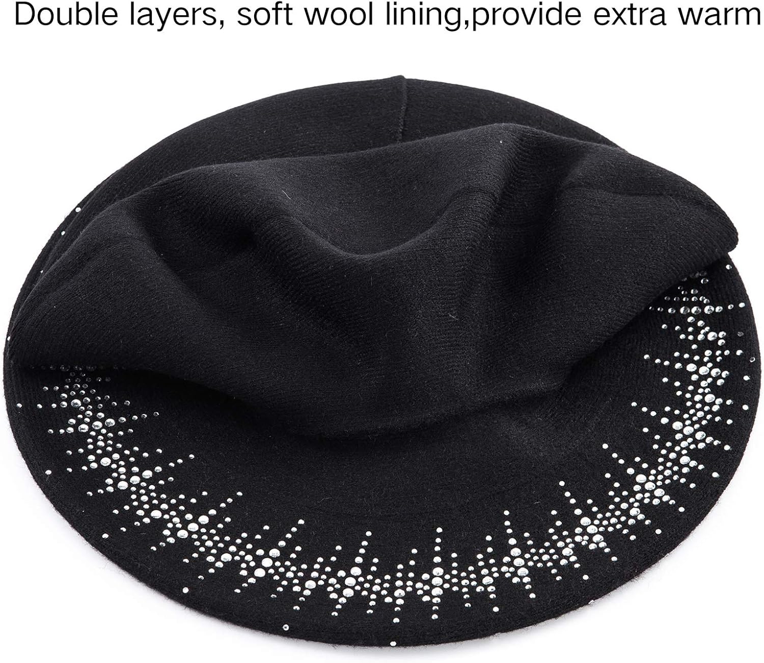 LADYBRO Rhinestone Beret Hats for Women 2 Layers Wool French Knit Cap Lady Winter Black - Image 3