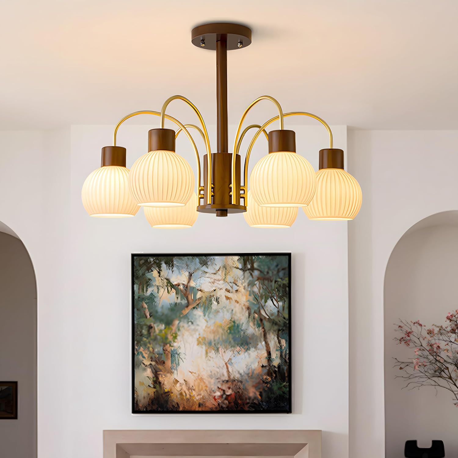 Bofea-Mid Century Modern Globe Chandelier 6-Lights Ribbed Milk Glass Chandelier Farmhouse Rustic Wood Chandelier with White Glass Shade Modern Sputnik Ceiling Light for Dining Room Bed Room Entryway
