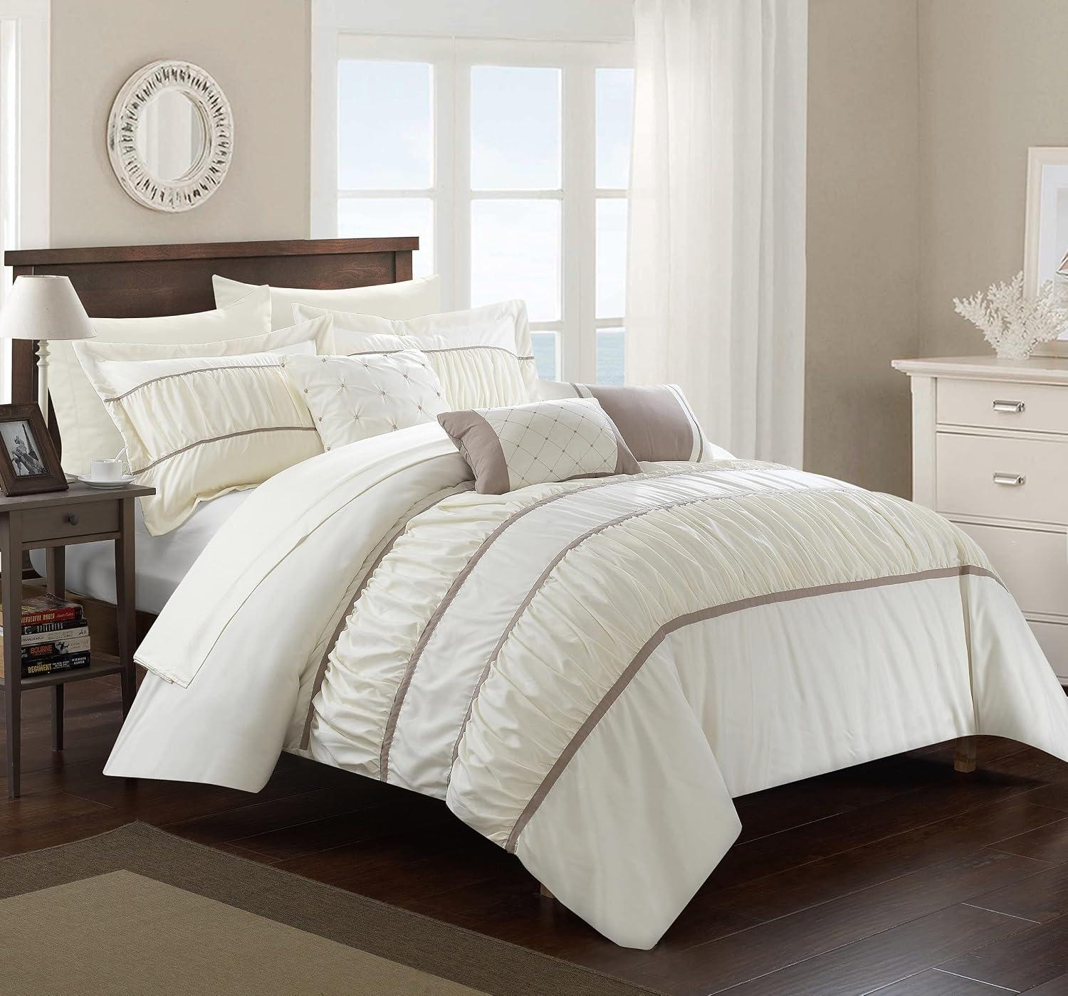 Chic Home Cheryl 10 Piece Comforter Complete Bag Pleated Ruched Ruffled Bedding with Sheet Set and Decorative Pillows Shams Included, King, Beige