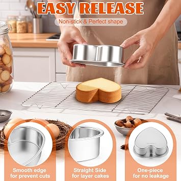 Homikit Heart Cake Pan & Cooling Rack, 6 Inch Stainless Steel Small Heart Shaped Baking Pans with 8.7 * 6.3 Inch Small Stainless Steel Metal Roasting Grilling Cooking Racks