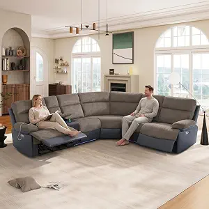 Recliner Sectional Sofa Set, L-Shaped Power Couch with Brown Stripe Fabric, USB Charging, LED Light & Storage Console for Living Room