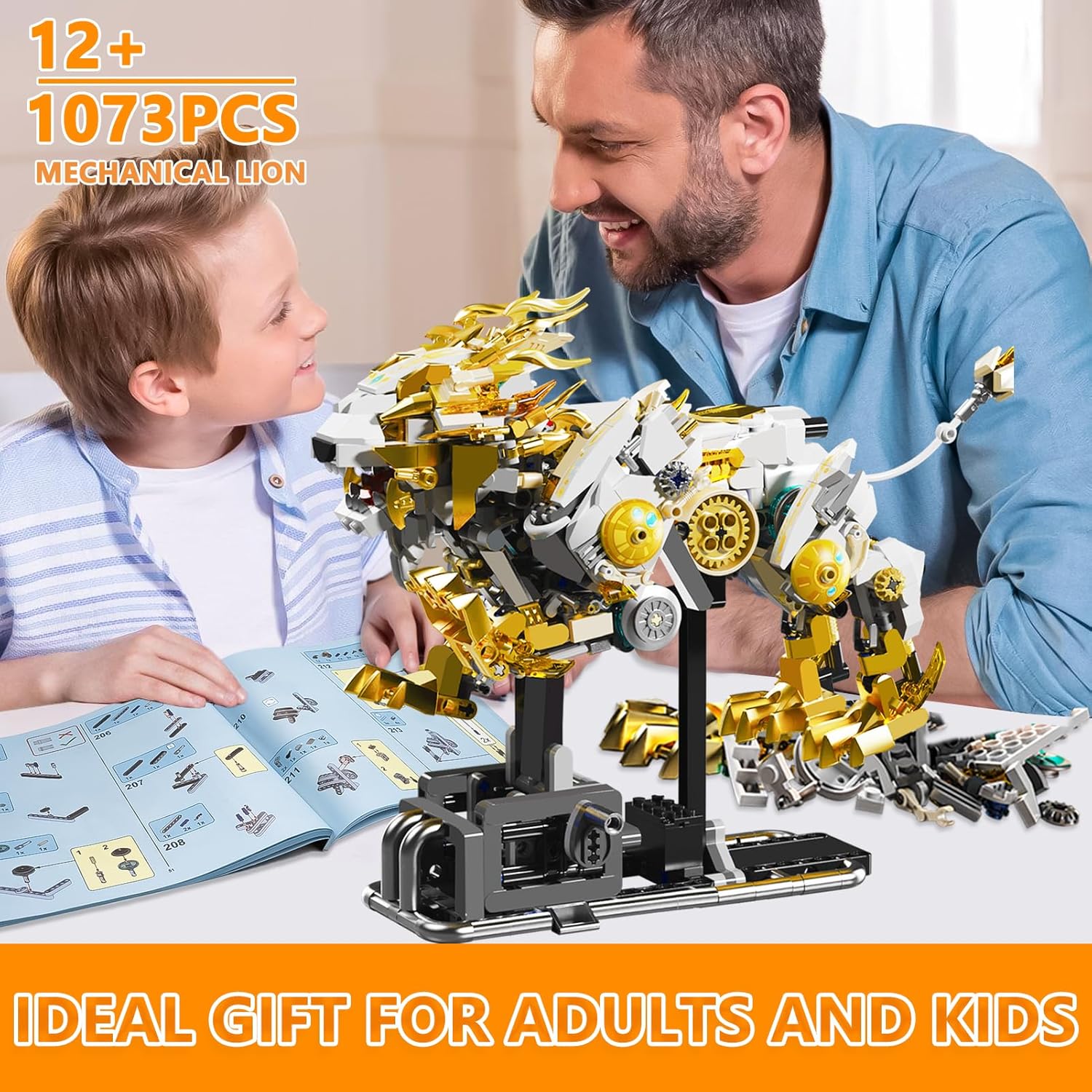 Mechanical Lion Building Block Set, Movable Animal Collection Toy with Display Stand and Light for Home Office Decor, STEM Lion Building Toy Gifts for Adults Boys Girls Ages 12 13 14 (1073PCS)