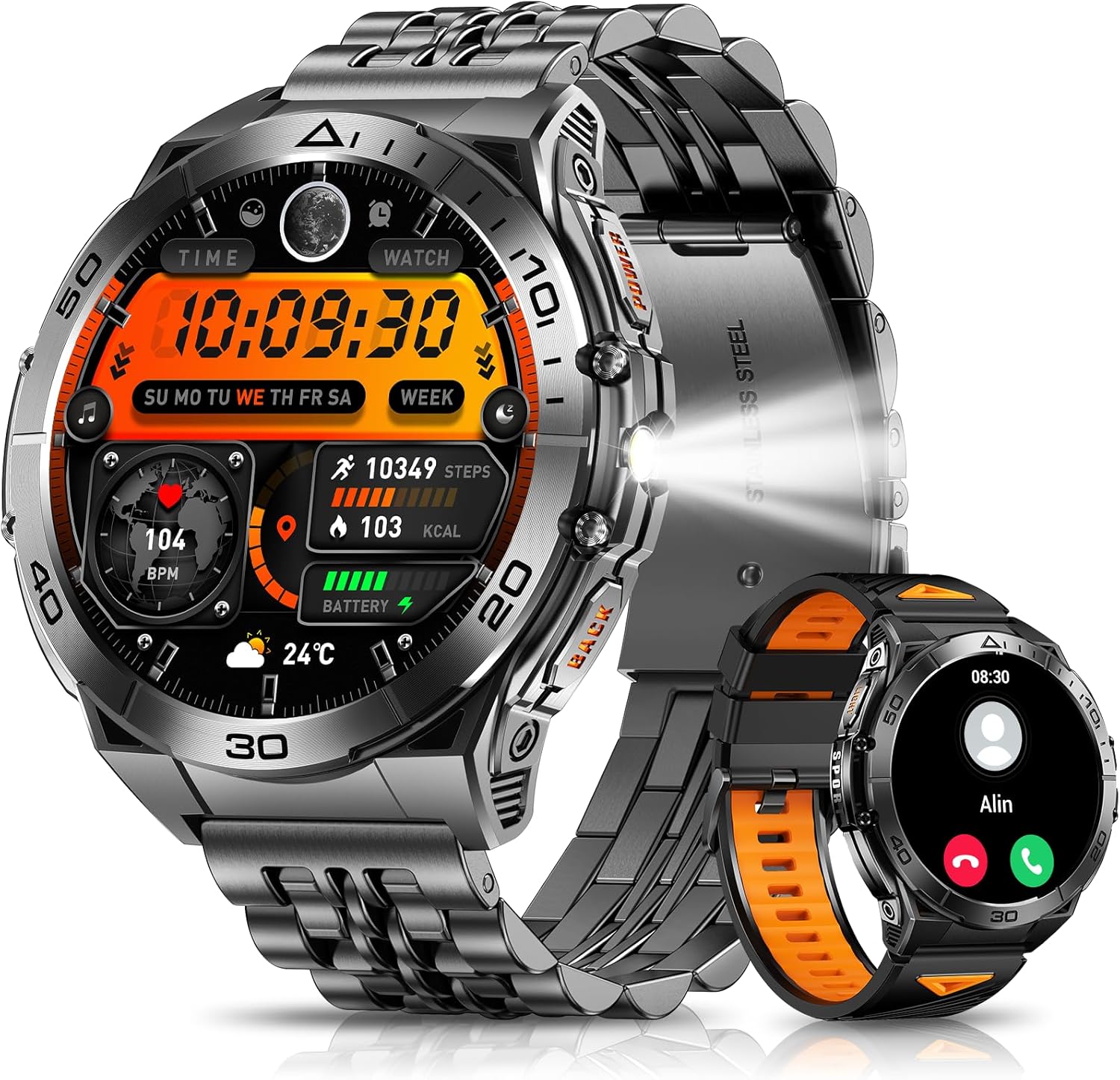 1.6" AMOLED Men’s Smart Watch with Bluetooth Calls, 15-Day Battery Life, IP68 Waterproof, Built-in Flashlight, 110+ Sports Modes, Heart Rate/SpO2/Sleep Tracking, Compatible with Android/iOS