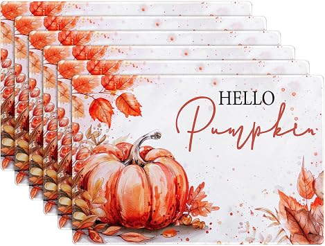 Billbotk Fall Placemats Set of 6, Hello Pumpkin Thanksgiving Placemats for Dining Table Setting, Non-Slip Tabletop Accessories Decorations