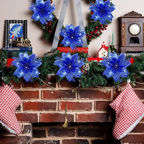 Miniatura 7 de 12 flores de Pascua de Navidad de 5.7 pulgadas con purpurina, flores artificiales con clip, adorno de árbol de Navidad para el hogar, corona,