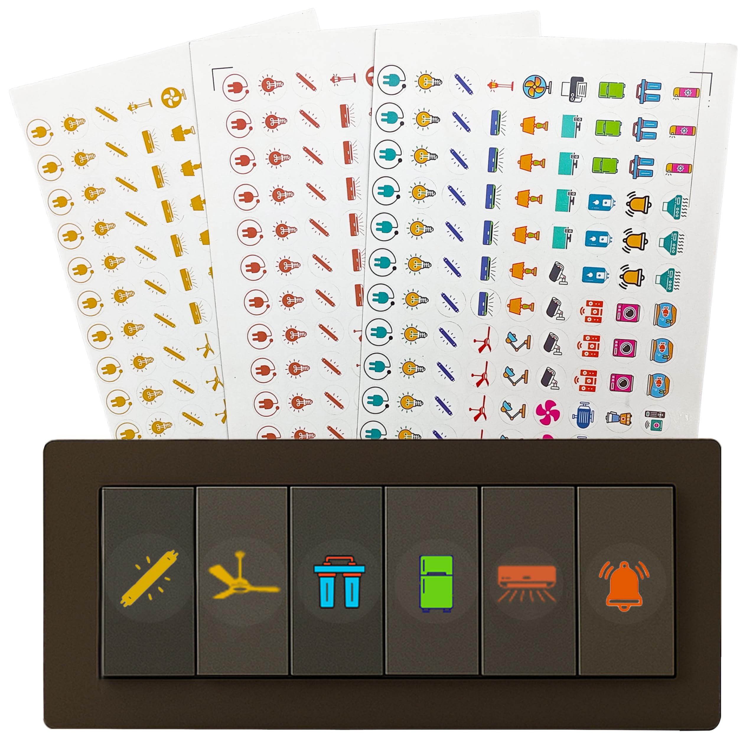 SOLOBOLO Vinyl 500+ Switch Board Button Self Adhesive Stickers For Plastic Surface for Home,30+ Icons for Fan Light Fridge AC,3 in 1 Gold,Rose Gold & Colourful Labels for Switchboard,15 cm