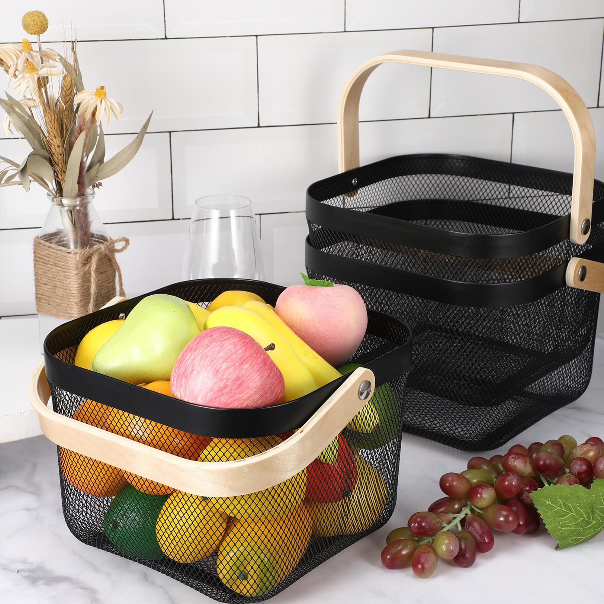 Lot de 2 paniers de récolte de jardin, paniers de pique-nique avec maille métallique durable et poignée en bambou, parfaits pour le shopping, le jardinage, les pique-niques et l'organisation