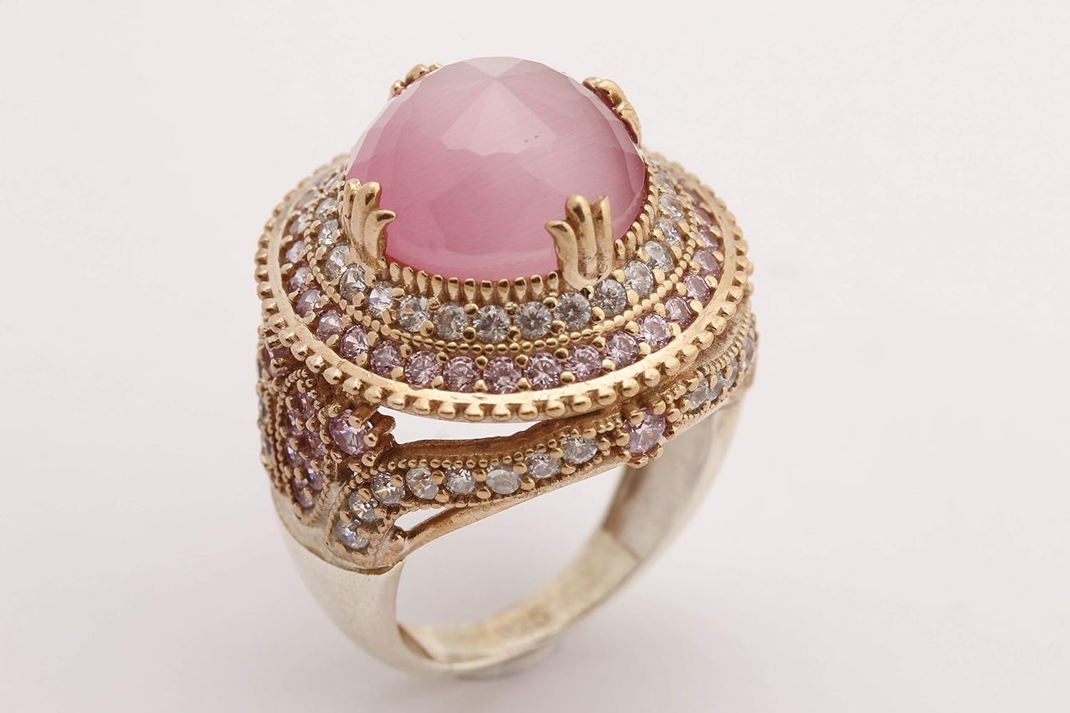 Turkish Handmade Jewelry Round Shape Pink Cat's Eye Quartz and Round Cut Topaz 925 Sterling Silver Ring Size Option