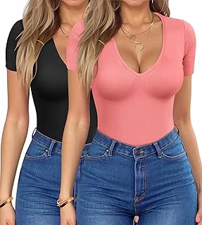 Deep V Neck Tops for Women Sexy Low Cut Summer Ribbed Knit T Shirts Slim Fit Stretchy Basic Fashion Tee