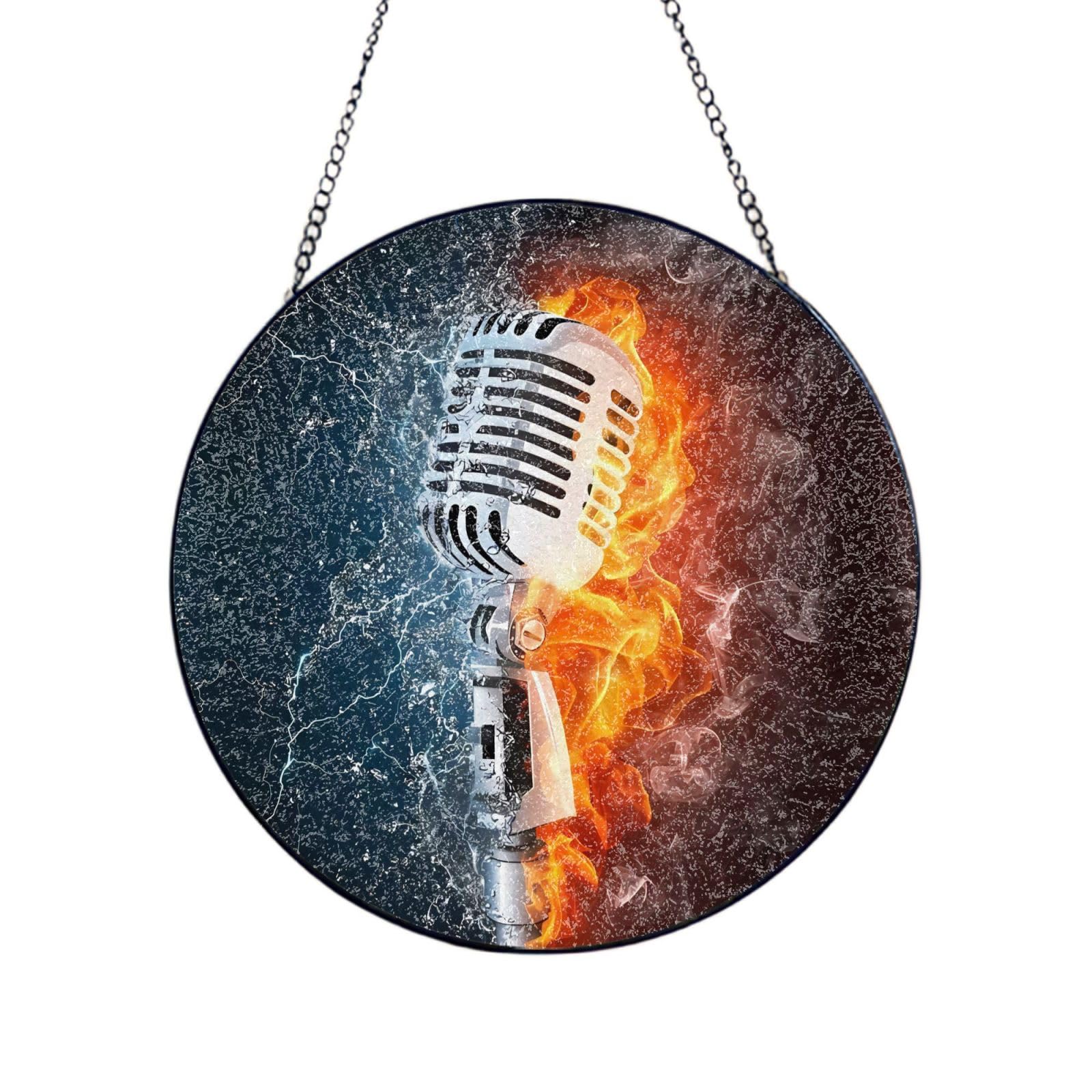 Phayah Ice And Fire Microphone Print Glass Window Hanging Round Suncatcher Glass Ornament Garden Wall Fence Decorations Indoor Outdoor 12in（30cm）