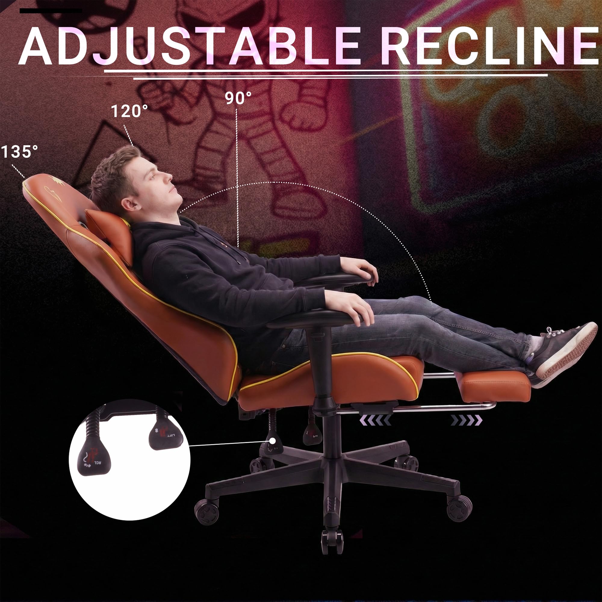 play haha Gaming Chair with Footrest, Ergonomic Reclining Gamer Chair with Adjustable Armrests - Image 5