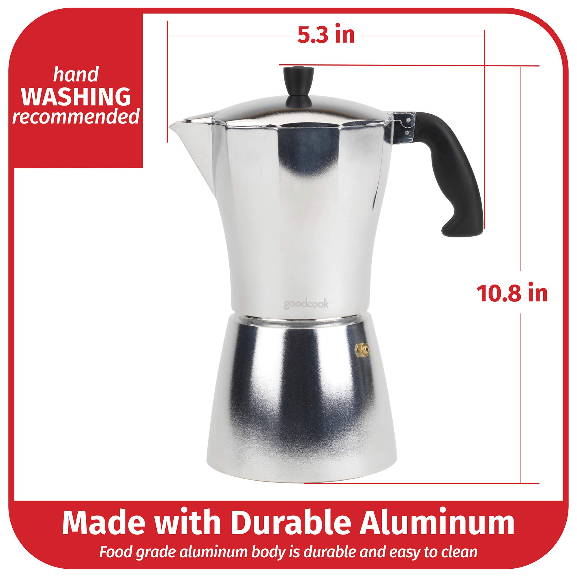 GoodCook Koffe - Cafetera de café espresso de aluminio para estufa de 12 tazas, color plateado