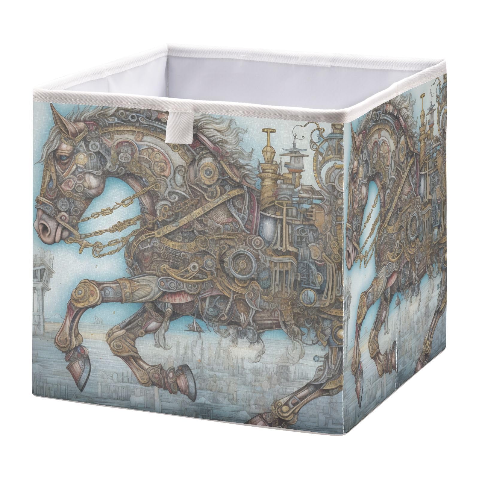 YMGQYJ Steampunk Horse Print Collapsible Storage Cube, Foldable Closet Organizers Storage Bin with Support Board for Shelf Closet Cabinet 11×11×11 IN