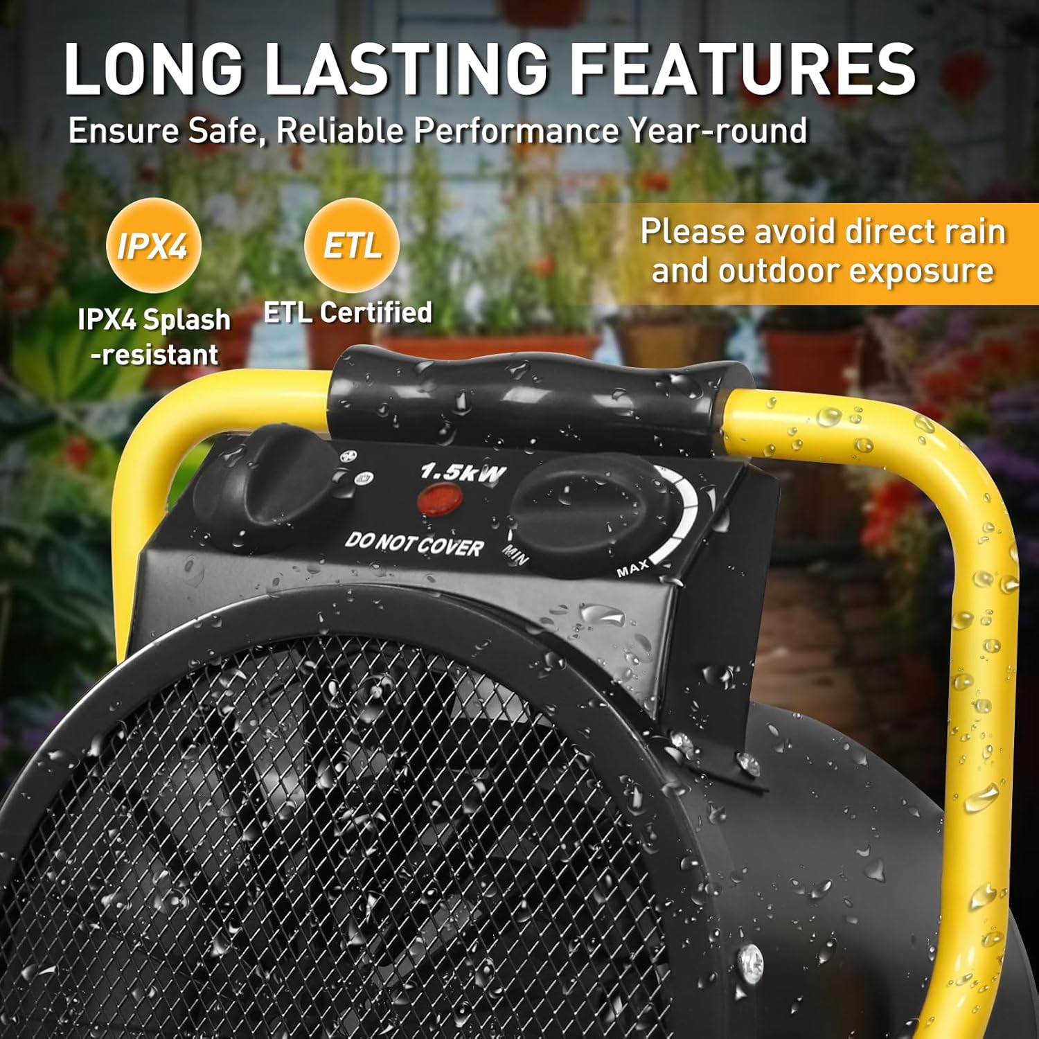 1500W Electric Space Heater with Digital Thermostat, Portable Radiant Heater for Greenhouse Grow Tent Workshop, IPX4 Water Resistant Indoor Outdoor, Overheat Protection, Black