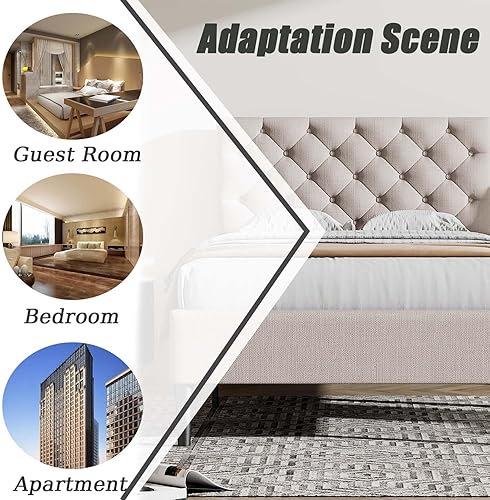 Miniatura 6 de TMEOSK Base de cama tapizada de lino de tamaño matrimonial con cabecera cómoda, plataforma moderna de mediados de siglo con soporte de listones de