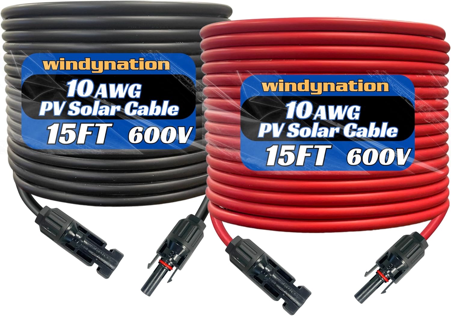 WindyNation 10 Gauge 10 AWG Pair 15 Feet Black + 15 Feet Red PV Photovoltaic Solar Panel Extension Cable Wire Solar Connectors