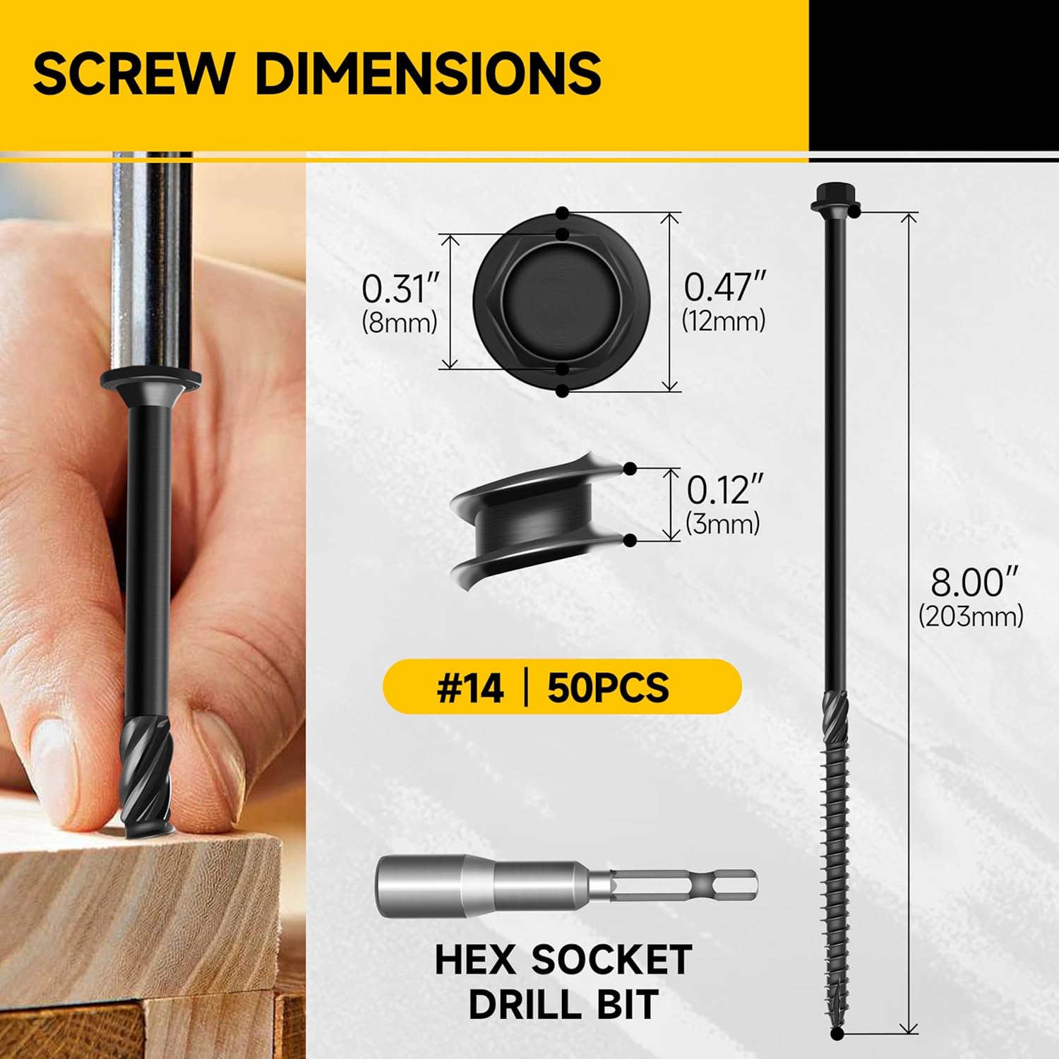 50 Pcs 8 Inch Wood Screws, #14 x 8 Heavy Duty Outdoor Wood Screws Assortment Kit Deck Screws, Black Timber Screws Lag Bolts, Hex Socket Included Hex Head Log Landscaping Black Long Screws by Mywish