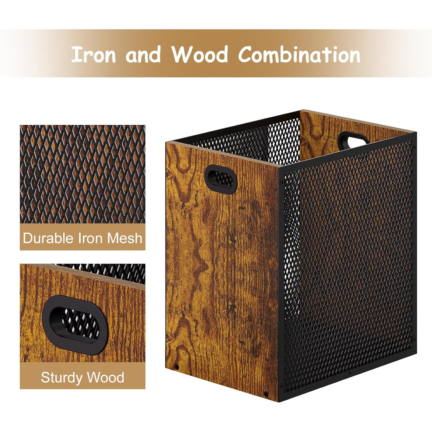 Retro Office Trash Can, Iron and Wood Combination Bedroom Garbage Can, Rectangular Design Wastebasket with Handle, Industrial Style Trash Can for Home Office, 11.02" X 7.87" X 11.81" 4.5 Gallon (2) Large 2PCS Retro