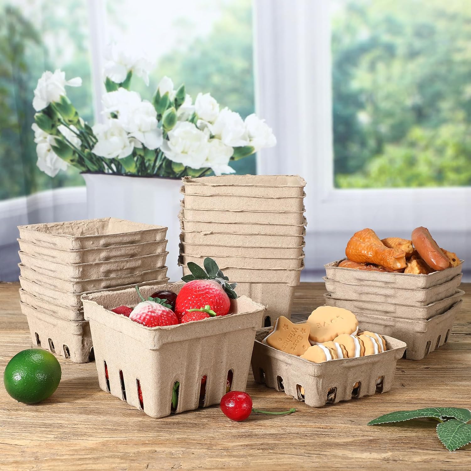 Nosiny 120 Pcs Natural Pulp Fiber Berry Basket Produce Vented 60 Middle Berry Picking Basket and 60 Pcs Small Container Holder Paper Box for Fruits Vegetable Farmer Market Grocery, 2 Size