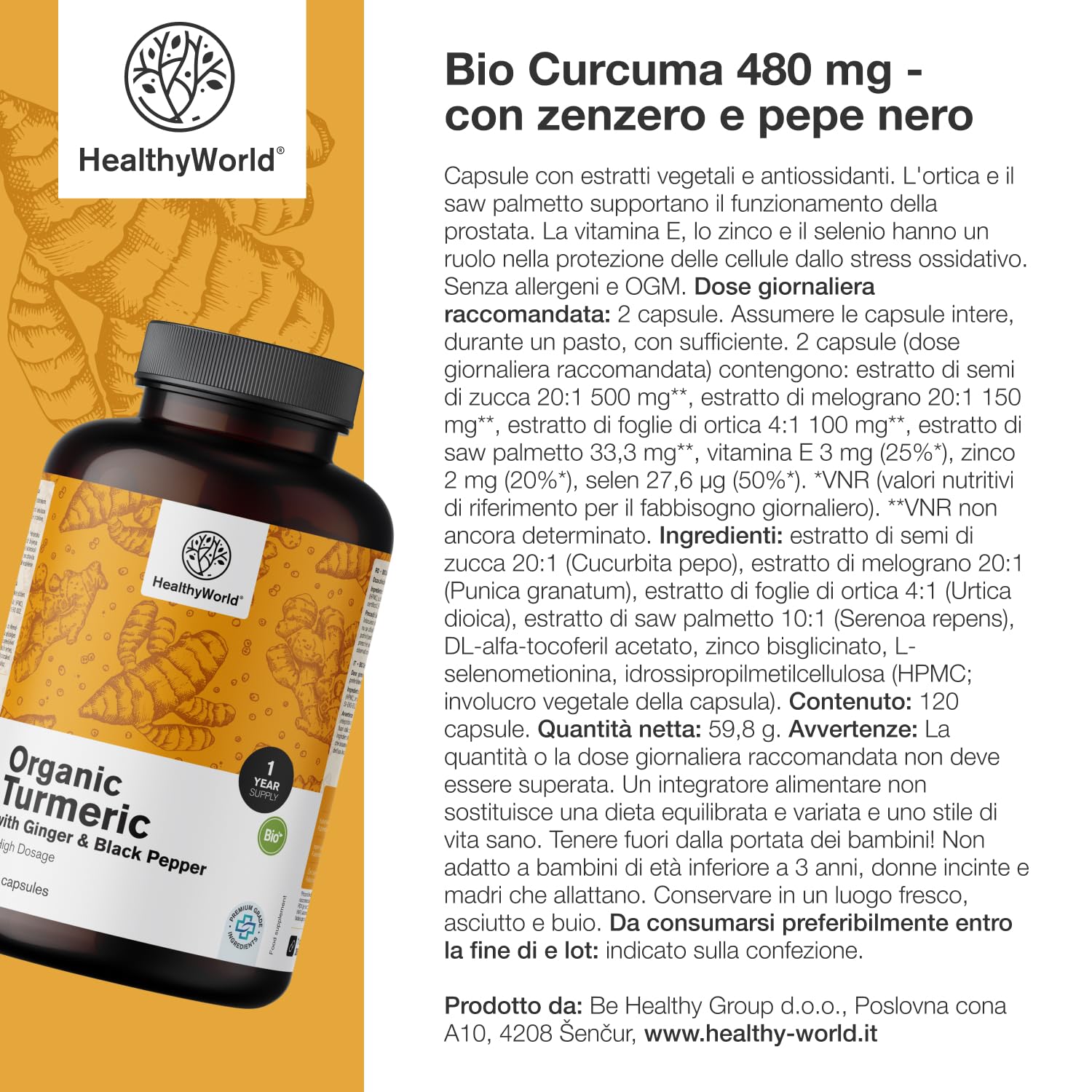 HealthyWorld BIO Curcuma 480 mg con Zenzero e Pepe Nero - 365 Capsule Vegetali - 1-anno di Fornitura - Per il sostegno delle Difese Immunitarie, del Fegato, delle Vie Respiratorie e del Cuore