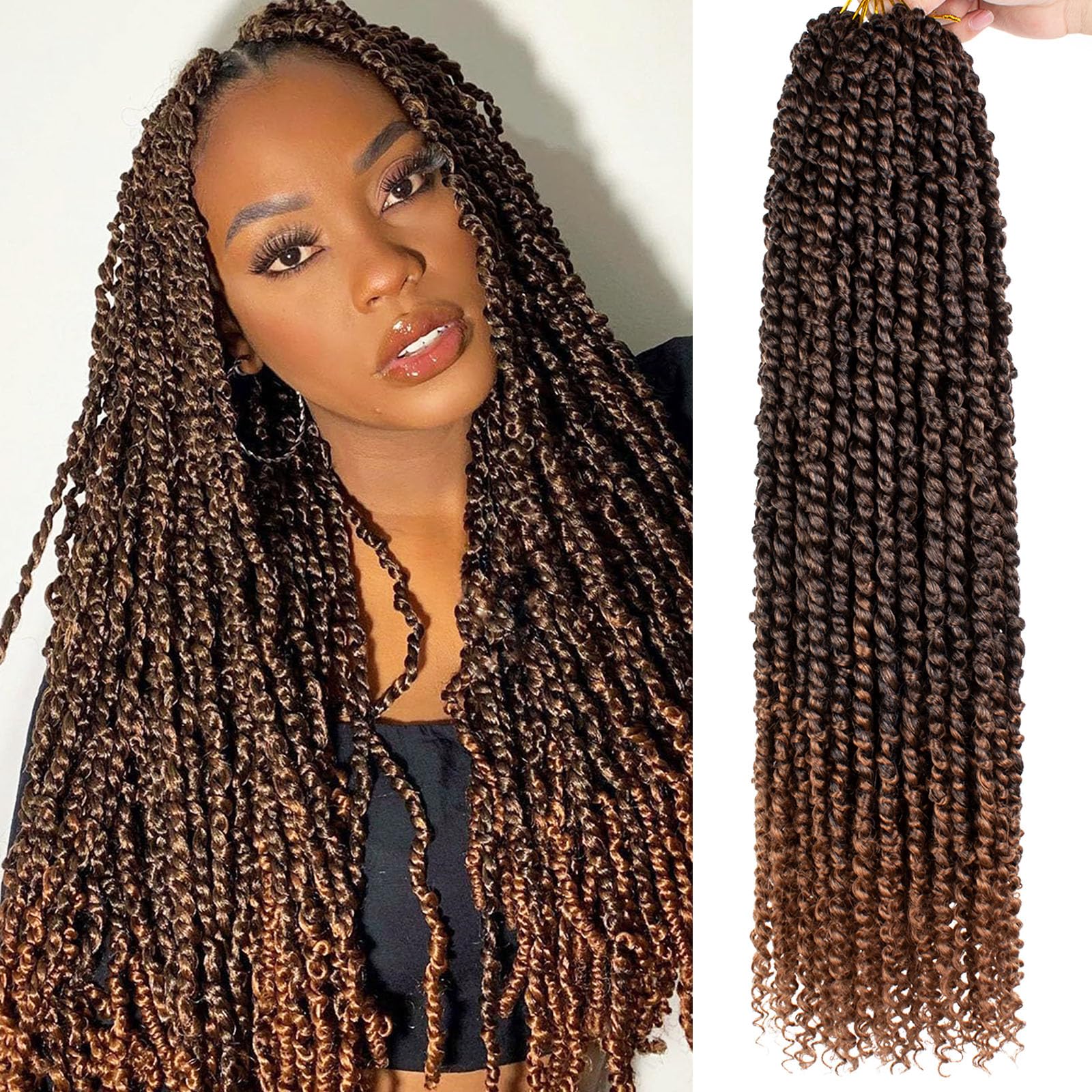 Samtress 22 Inch Pre-twisted passion twist hair for Women 8 Packs Ombre Brown Bomb Pre Twisted Water Wave Crochet Twist Pre Looped Curly Bohemian Synthetic Braiding Hair Extensions (#T30)