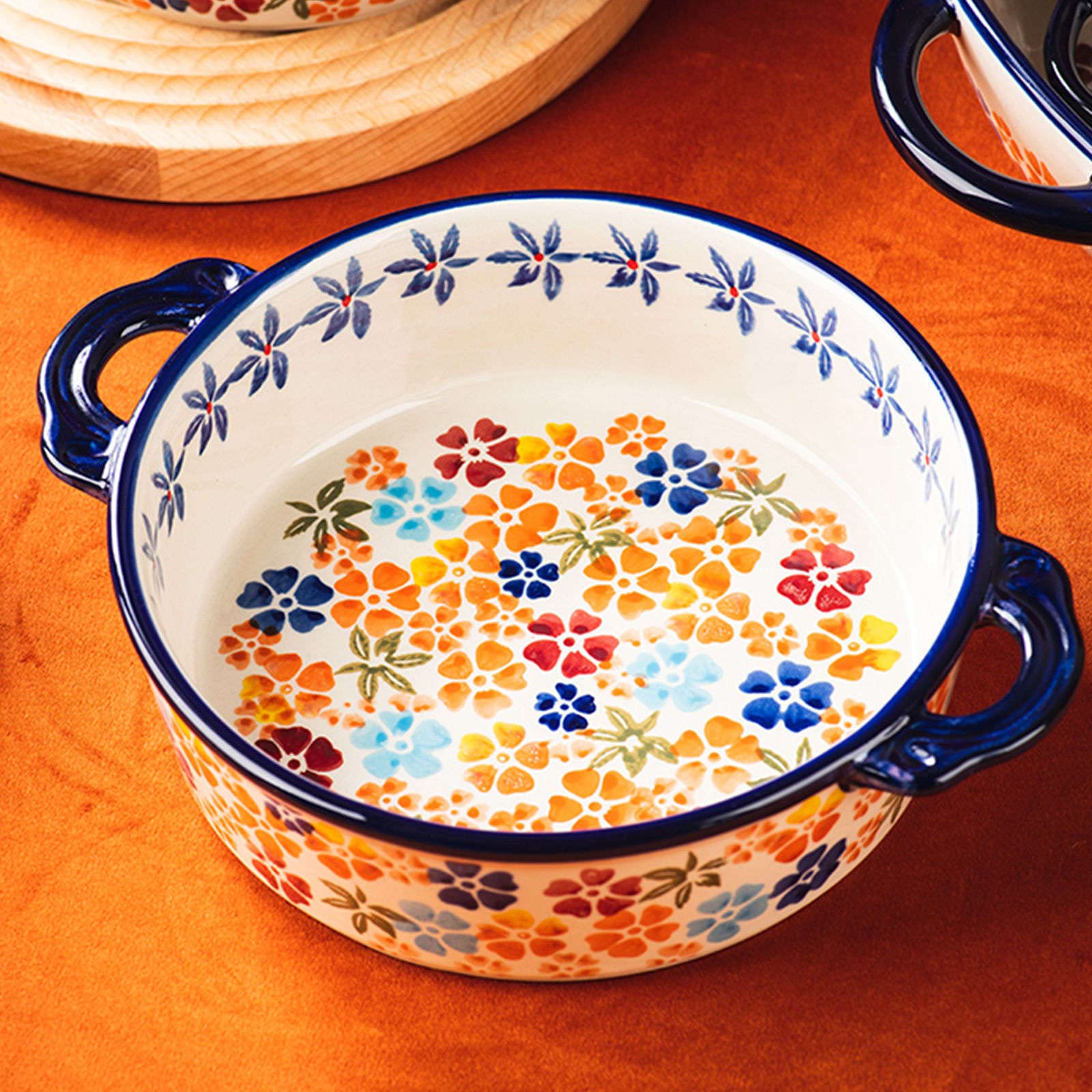 Ceramiczne naczynie do pieczenia do piekarnika, małe naczynie do zapiekania z uchwytami, piekarnik ceramiczny do pieczenia kolorowe kwiaty A-okrągłe 950 ml
