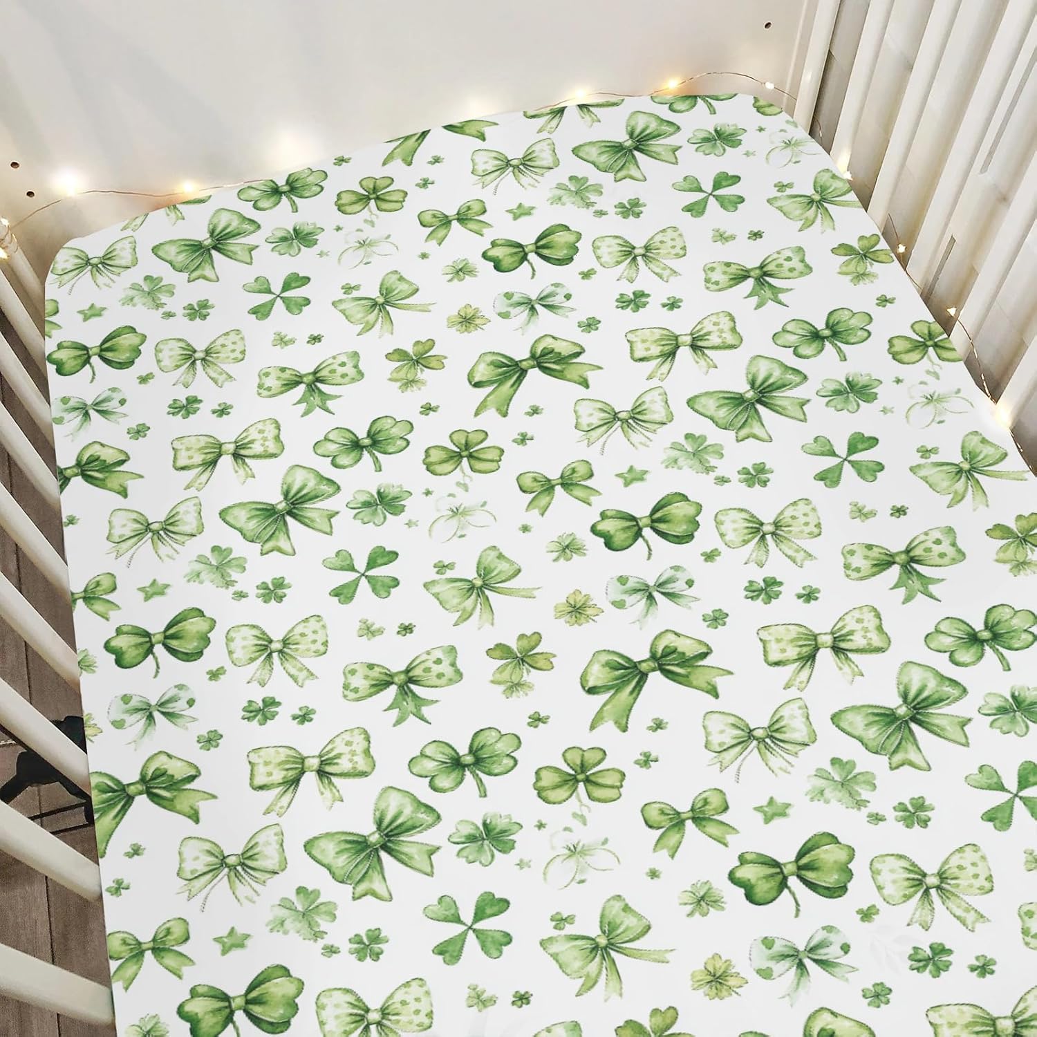 Green Lucky Shamrocks Bows Baby Crib Sheets for Boy Girl 52x28Inch Green Clovers Irish Soft Stretchy Fitted Crib Mattress Cover St. Patrick's Day Baby Sheet for Standard Crib & Toddler Mattress Pad