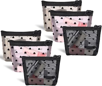 Adorila 6 Pack Mini Mesh Makeup Bags, Heart Print Zipper Mesh Storage Pouch, Travel Cosmetic Accessories Organizer for Women Black, Beige, Pink