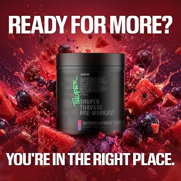 RAW Thuper Thavage Pre Workout Powder - High-Stim Preworkout with Creatine, Beta Alanine, L-Citrulline & Caffeine - Chris Bumstead Gym & Fitness Supplement for Men & Women - 6 Peat (Red Gummy)