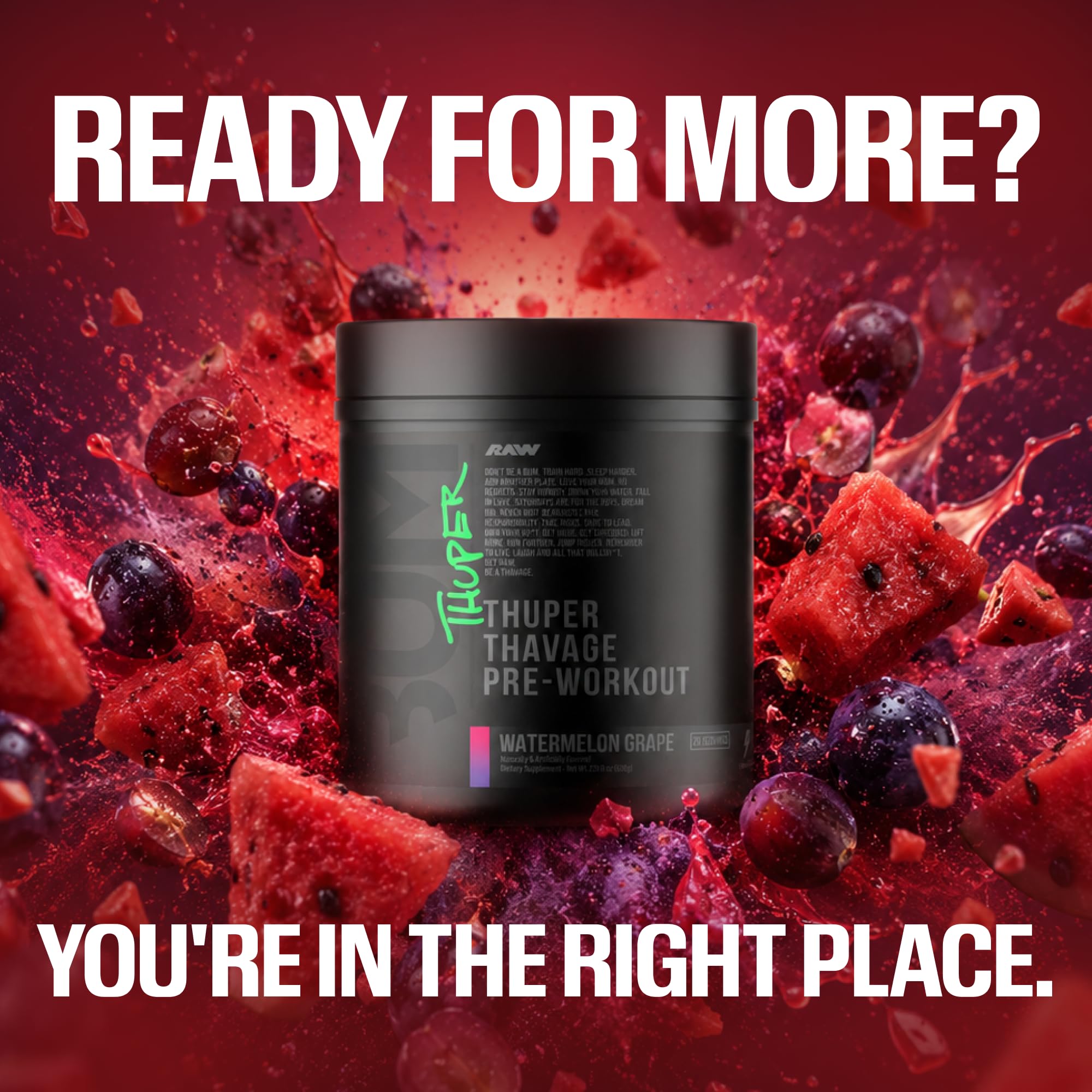 RAW Thuper Thavage Pre Workout Powder - High-Stim Preworkout with Creatine, Beta Alanine, L-Citrulline & Caffeine - Chris Bumstead Gym & Fitness Supplement for Men & Women - Watermelon Grape — Amazon image 6