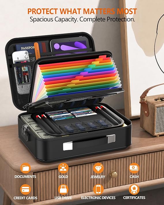 Fireproof Document Box - 8-Layer Hard Shell Fire Proof Safe for Home Documents, Water Resistant File Organizer for Desk Money, Safety Box for Passports Certificates Laptop