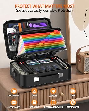 Fireproof Document Box - 8-Layer Hard Shell Fire Proof Safe for Home Documents, Water Resistant File Organizer for Desk Money, Safety Box for Passports Certificates Laptop